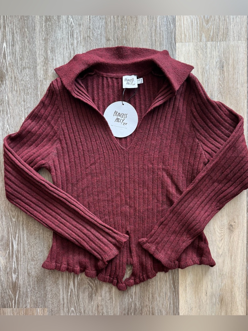 NWT Princess Polly Burgundy Ribbed Collared Sweater Top | Y2K Coquette - Picture 2 of 11